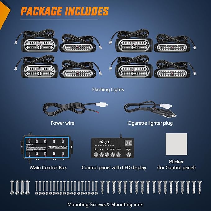 Nilight 8PCS Led Strobe Lights with Controller 12V 24V Sync Feature Blue Emergency Hazard Warning Light 12 24 LED Surface Mount for Vehicle Car Truck RV ATV