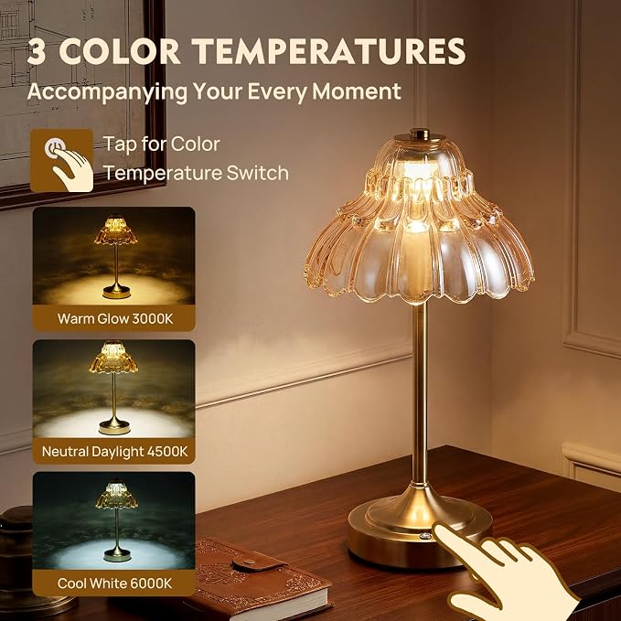 Flower Battery Operated Rechargeable Lamp Cordless, Petal, Amber | Small, Vintage, Gold, Wireless, LED, Dimmable, Table, Home Decor, Bedroom, Bedside, Nightstand, Birthday Gifts for Women