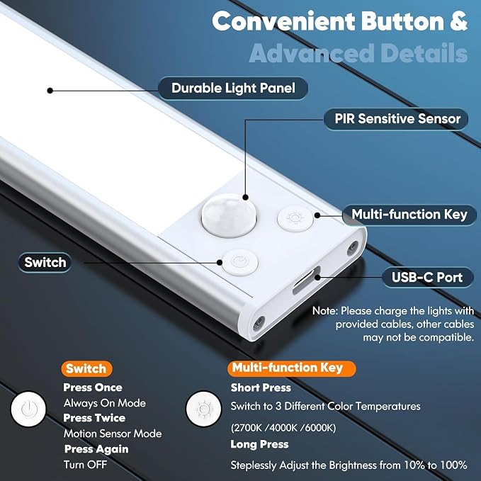 Under Cabinet Lighting, 5-Pack 10 inch 2200mAh Rechargeable Battery Operated Motion Sensor Lights Indoor, Wireless Dimmable Magnetic Under Counter Closet Night Lights for Kitchen, Stair