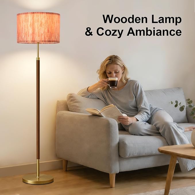 Wood Floor Lamp with 3 Color Temperatures,Vintage Floor Lamp with Remote Control,Dimmable Farmhouse Floor Lamp Mid Century Modern Standing Lamp Farmhouse Tall Pole Lamp for Living Room Bedroom