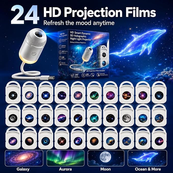 2027 Upgraded Hd Smart 5d Holographic Night Light Projector, Plug and Play Hd Star Projector, 360° Adjustable Hd Galaxy and Ocean Projector for Bedroom Ceiling (6 Projection Films)