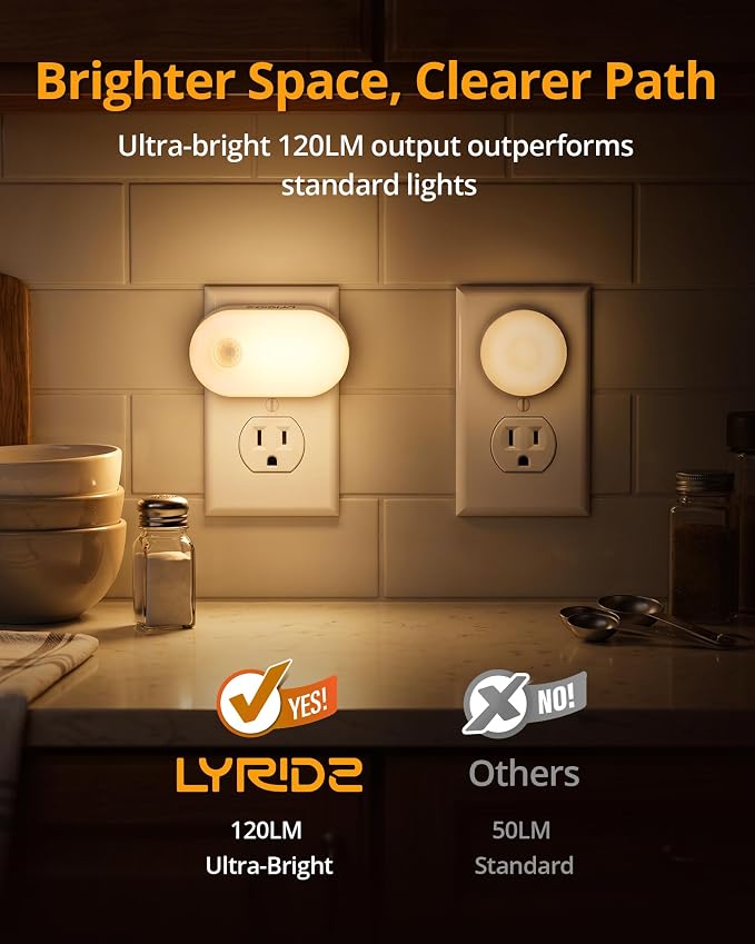 Plug in Night Light with Motion Sensor, 120LM Superior Bright Smart Mini LED Nightlight, Warm White with Stepless Adjustable Brightness for Bathroom, Bedroom, Kitchen, Stairs, Hallway, 2 Pack