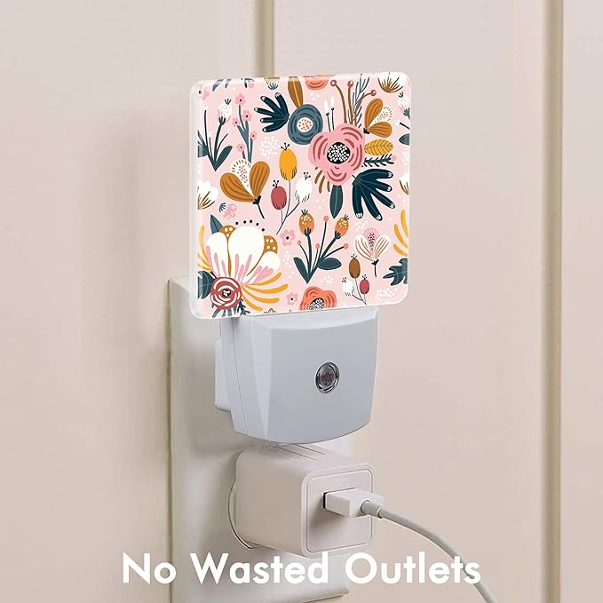 Pink Flowers Berries Leaves Plug in Night Lights with Dusk to Dawn Sensor LED Night Light Plug into Wall for Kid Girls Boys Women Men Room,Hallway,Stairs,Kitchen,Nursery Decor