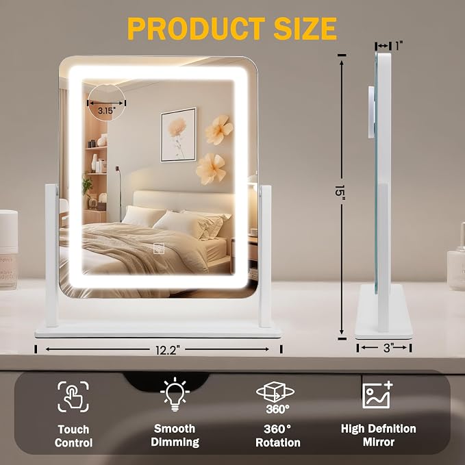 Rechargeable Vanity Mirror with Lights, 3000mAH Battery, 15"×12.2" LED Makeup Mirror, 10X Magnification, Smart Touch with 3-Color Lighting, 360° Rotation, Lighted Up for Makeup Desk, Bedroom (White)