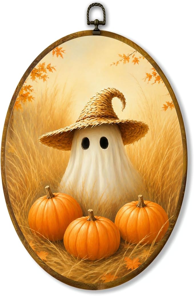 Straw Hat Ghost Oval Wall Art, Framed Canvas Decor, 8.5x11.5 Inch | Cute ghost with straw hat, pumpkins, golden wheat field and cozy fall decor
