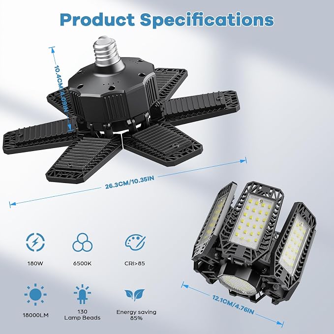 4 Pack Garage Light - 180W 18000 LM 6500K Deformable Garage Lights Ceiling LED with 6+1 Adjustable Panels, Shop Lights E26/E27 Screw Socket for workshops, Parking, Basement, Storage Room