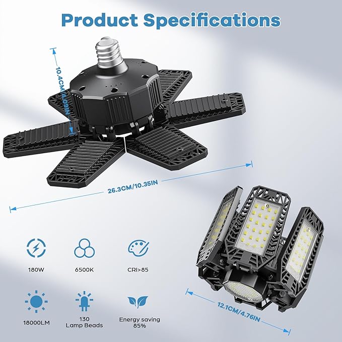 Garage Light - 180W 18000 LM 6500K Deformable Garage Lights Ceiling LED with 6+1 Adjustable Panels, Shop Lights E26/E27 Screw Socket for workshops, Parking, Basement, Storage Room