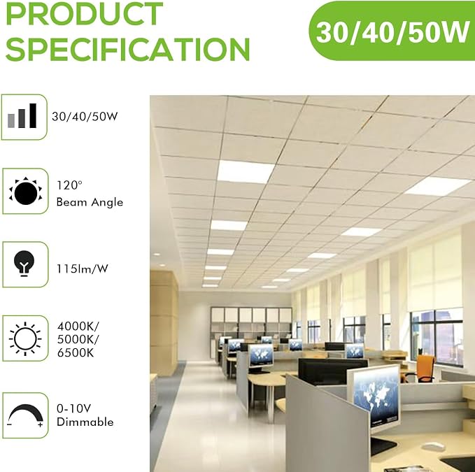 hykolity 2x2 LED Flat Panel Troffer Light,5CCT Dimmable,Drop Ceiling 2Pack | 30W-50W 5CCT 3000K-6500K Selectable 0-10V Dimmable Ultra Slim Recessed ETL Listed for Office Classroom Hospital Garage Retail