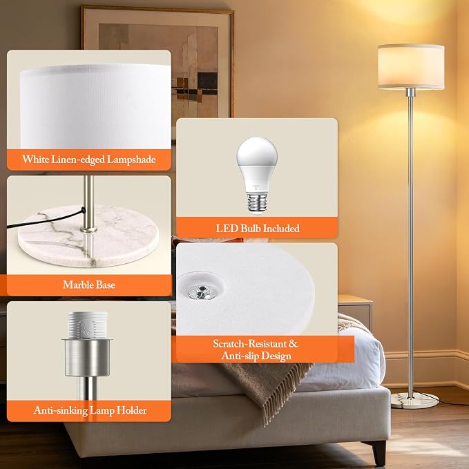 63" Silver Floor Lamps for Living Room, Standing Lamp with Marble Base | Tall Pole Light with White Linen Shade, Modern Floor Lamp for Bedroom Reading Office Corner Nursery, Bulb Included