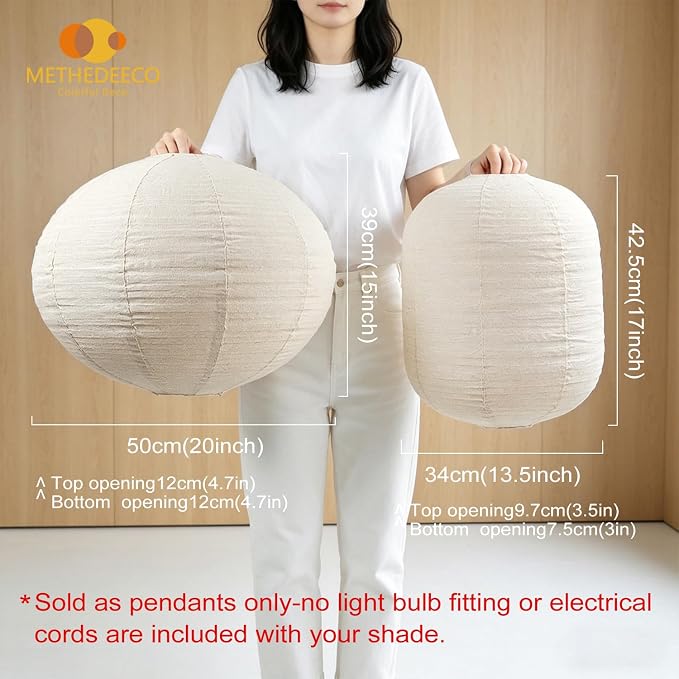 METHEDEECO Hanging Lamp Shade Set, Nature Beige, 2PCS | Oval 20x15 in + Cylinder 13.5x17 in, Foldable Minimalist Pendant Lantern Shade for Bedroom Living Room Kitchen, Shades Only