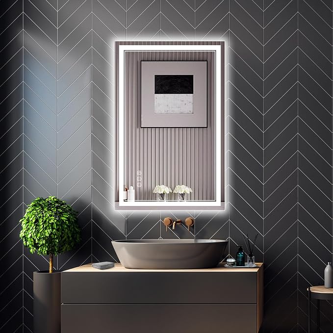 Ratsamee 24x36 Inch LED Bathroom Mirror with Frontlit & Backlit, Lighted Mirror for Bathroom Wall with 3-Color Dimmable & Anti-Fog, Vanity Mirror with Lights