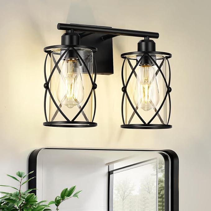 2-Light Black Bathroom Light Fixtures, 13.8 Inch Modern Bathroom Vanity Lighting Fixtures Over Mirror with Clear Glass and Metal Cage Wall Sconce Lights for Bath, E26, CH9176BK-2W