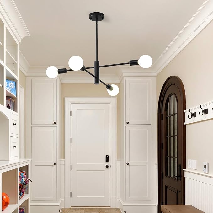 HHR 4-Light Sputnik Chandelier, Black Modern Chandelier Ceiling Light Fixture, Height Adjustable Chandeliers for Dining Room Kitchen Island, Mid Century Pendant Lighting for Living Room