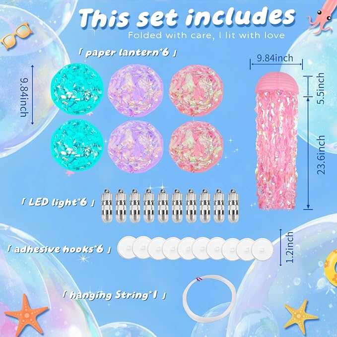Jellyfish Paper Lanterns with LED Lights Set of 6, Lilac/Pink/Turquoise Dome Hanging Floating Decorations for Under The Sea Party Mermaid Birthday Ocean Classroom Beach Room Aesthetic