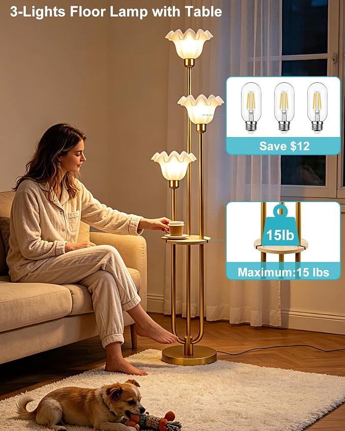Lightdot Flower Floor Lamp for Living Room Dimmable Vintage Floor Lamp with Shelf& Bulbs Included Mid Century Gold Floral Standing Tall Lamp with 5Lbs Heavy Base for Bedroom/Sofa Beside/Corner Decor