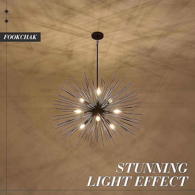 32in Black Sputnik Chandelier Solid Metal Starburst Chandelier Light Fixture 9-Light Mid-Century Modern Satellite Light Fixture for Living Room Dining Room Foyer Study Room Bathroom,E12