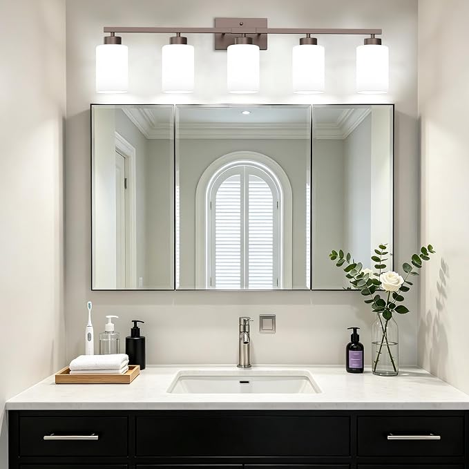 IZORRO Modern Bathroom Light Fixtures, 5 Light Oil-Rubbed Bronze Vanity Lights, Bathroom Lighting Fixtures Over Mirror with White Glass for Living Room Cabinet Bedroom