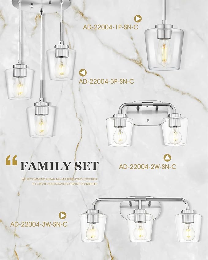 3-Light Bathroom Light Fixtures Over Mirror, Brushed Nickel | Vanity Lights for Bathroom with Clear Glass, Modern Vanity Lighting Fixtures, AD-22004-3W-SN-C