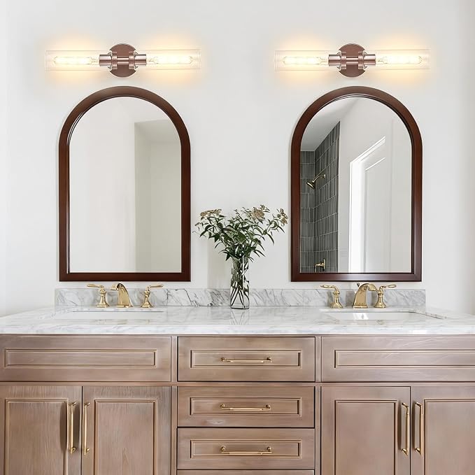 Lanhall 2 Light Bathroom Wall Sconces Set of 2,Modern Farmhouse Bronze Bathroom Light Fixture Over Mirror with Clear Glass Shade,Bathroom Vanity Light for Hallway Cabinet Bedroom Stairway Porch