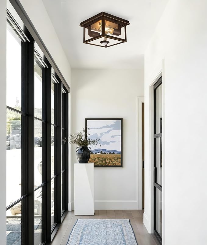 Motion Sensor Outdoor Ceiling Light with Remote, 8.5 Inch Brown and Gold Flush Mount Porch Light Fixture with United Glass Cover, 5 Modes Outside Flush Mount Light for Porch, Garage, Entryway