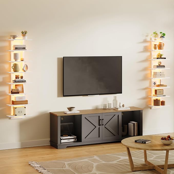 8 Tier Wall Shelf Unit Floating Shelves with LED Light, Vertical Wall Shelf, Wall Mounted Display Shelf for Living Room, Bedroom, Vanity, 15" W x 5.9" D x 58.3" H, White