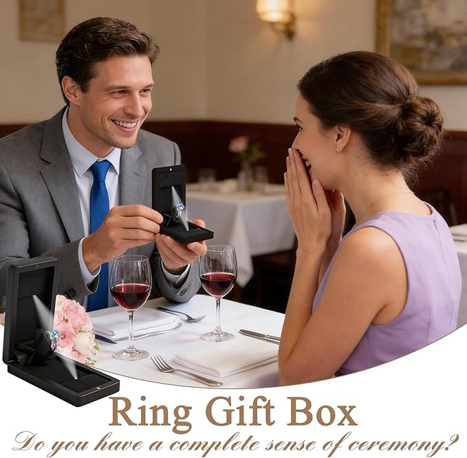 Wooden Engagement Ring Box For Proposal Valentine's Day Jewelry Gift Box Wood Rotating Wedding Day Ring Box With Led Light Gift Packaging(Black Oak (Painted Finish))