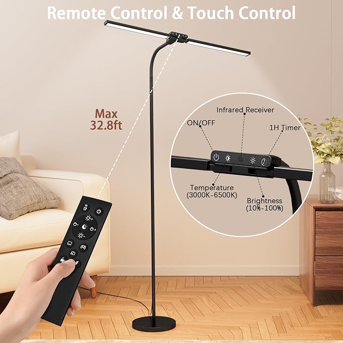 LED Floor Lamp, 24W Dual Head Dimmable Standing Lamp with Remote & Touch Control, Adjustable Gooseneck, 3000K-6500K Modern Reading Lamp for Living Room, Bedroom, Office & Crafts