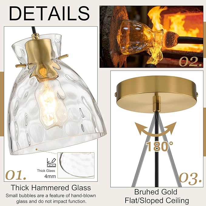 Black Gold Pendant Lights Kitchen Island 2 Pack, Small Brushed Brass Hammered Glass Pendant Light Fixtures, Adjustable Modern Hanging Lights Kitchen Pendant Lighting over Sink Bathroom Dining Room