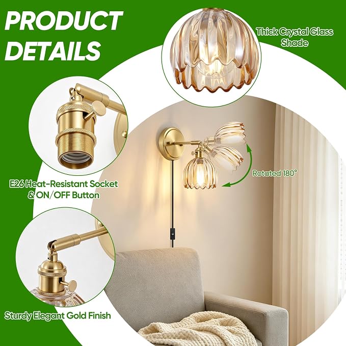 Plug in Wall Sconces Set of Two, Vintage Wall Lights with 5.58FT Plug in Cord, Adjustable Angle Bedside Wall Lamps with Amber Tulip Glass Shade, Gold Wall Light for Bedroom Living Room Hallway