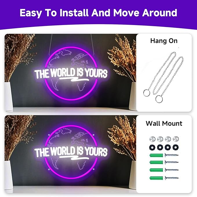 The World Is Yours Neon Sign Dimmable Carved Planet The World Is Yours LED Signs Purple Neon Sign for Bedroom Classroom Man Cave Game Room Birthday Christmas Gifts for Kids