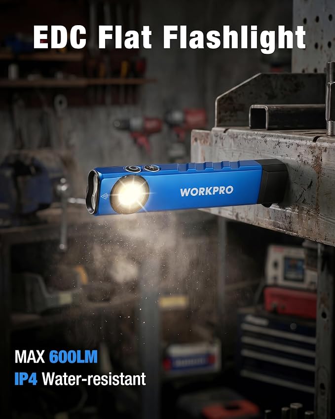 WORKPRO Rechargeable Pocket Flashlight, Magnetic EDC Light with UV, Blue | Compact, 600 Lumens LED & UV Light, 2 Magnetic Bases, Pocket Clip, 7 Modes, Garage, Repair & Emergency Use