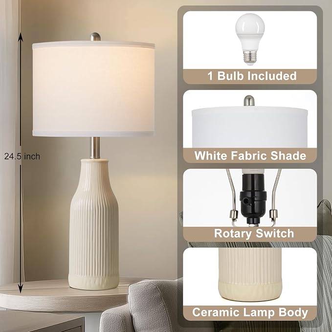 24.5" Modern Ceramic Table Lamp for Nightstand, Farmhouse Bedside Lamp for Bedroom, Small Table Lamp for Living Room End Table, Beige (1 Pack)