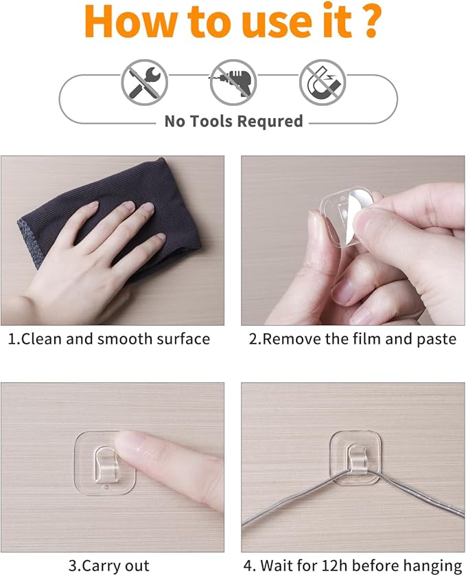 100 Mini Light Hooks with Adhesive Strips: Indoor Clear Small String Light Clips Damage Free - Plastic Wall Hook for Hanging - Fairy Tiny Light Cable Hangers Clip Christmas Decoration Decor