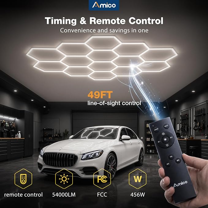 Amico Hexagon Garage Lights Dimmable & Tunable, 14 Hex Grid, Remote & Timer | 10-100% Stepless Dimming, 3500K-6500K Adjustable, 456W 54000LM Honeycomb LED Ceiling Lights for Garage Workshop Car Detailing