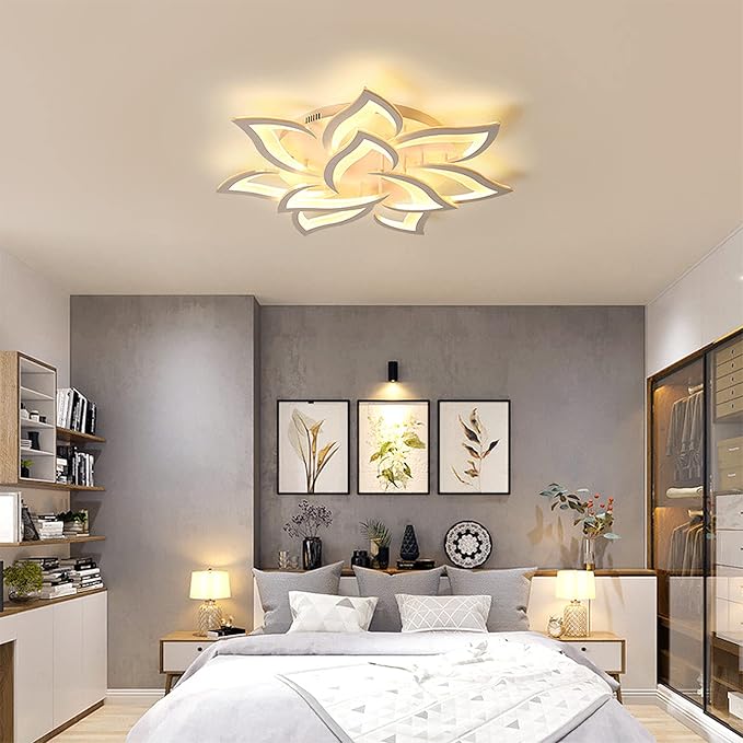 Garwarm 33.5" Modern LED Low Profile Flush Mount Ceiling Light, Dimmable | White Acrylic Flower Petal Ceiling Light with Remote, 3000K-6500K for Living Room,Primary Bedrooms, Dining Room,Home Office