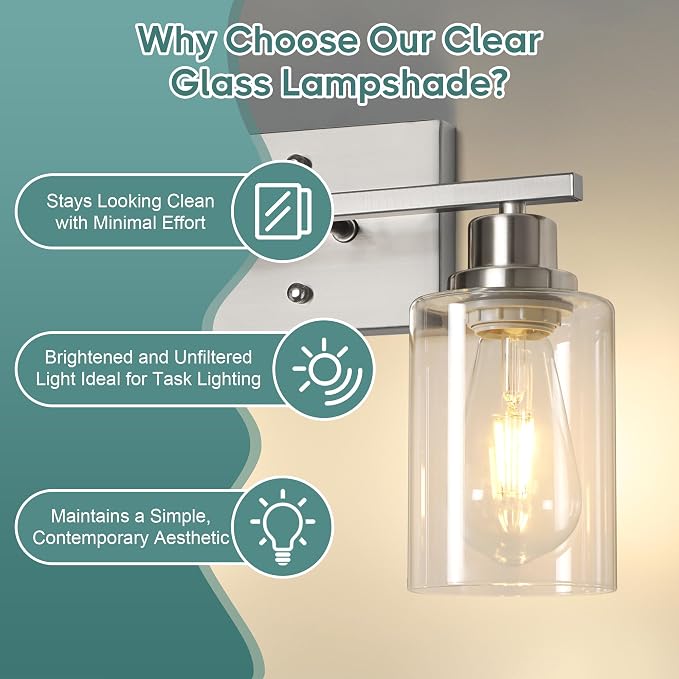 Ascher Bathroom Light Fixtures, 2-Light Vanity Light Over Mirror, Brushed Nickel Wall Sconces with Clear Glass Shades, Wall Lamp for Living Room Bedroom, E26 Base(Bulbs Not Included)