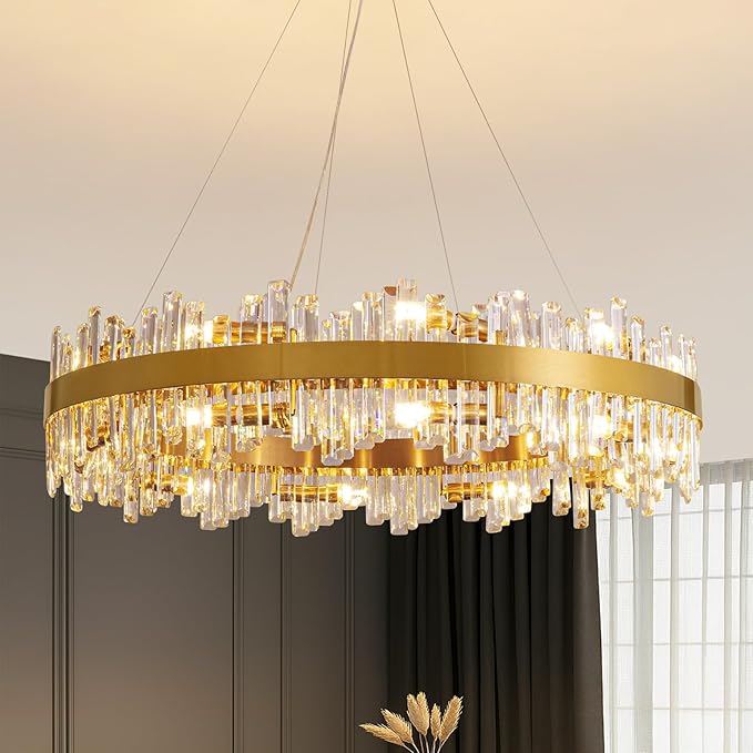 Siljoy Modern Crystal Chandelier, 20-Light Luxury Gold 2-Tiers K9 Crystal Raindrop Chandelier, Large Dimmable Crystal Pendant Ceiling Light for Dining Room Living Room Foyer Entryway D39.4''