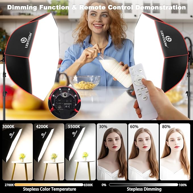 Light Box Photography Lighting Kit:2-Pack 37" Octa Softbox,Honeycomb Grid,110W LED Lamps,RC,Tripod Stands for Studio Light,Video Recording,Portraits,Model/Food/Pet/Baby/Product Shoots & Live Streaming