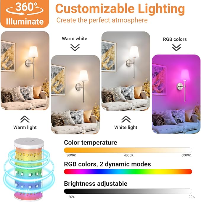 Peel and Stick Wall Sconces, Stick On Wall Sconce Set of 2, Battery Operated Wireless Adhesive Wall Lights, Corn Bulb with 10000mAh Battery, Easy Install for Bedroom Living Room Wall Decor