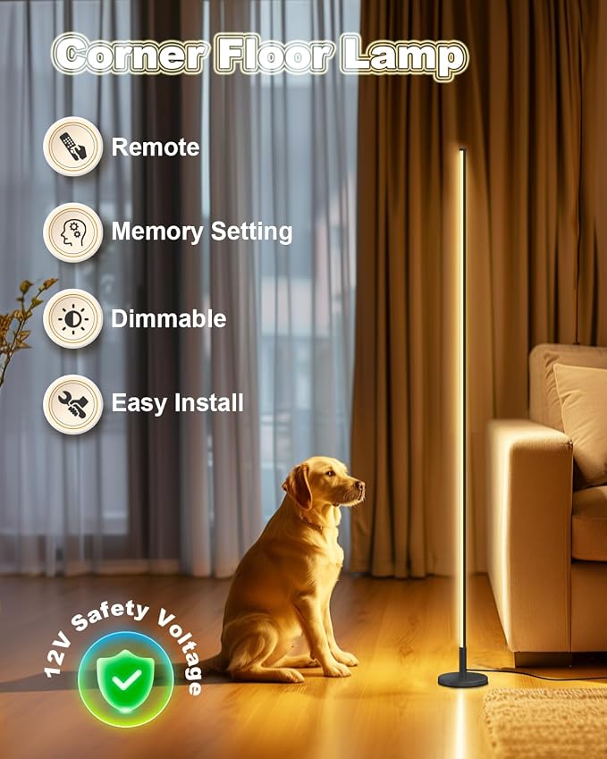Minimalist Corner Floor Lamp - 2700K-6500K Dimmable LED Light | Modern Standing Mood Lamp with Remote Control for Living Room, Bedroom - 57" - 12W - Black - 1Pack