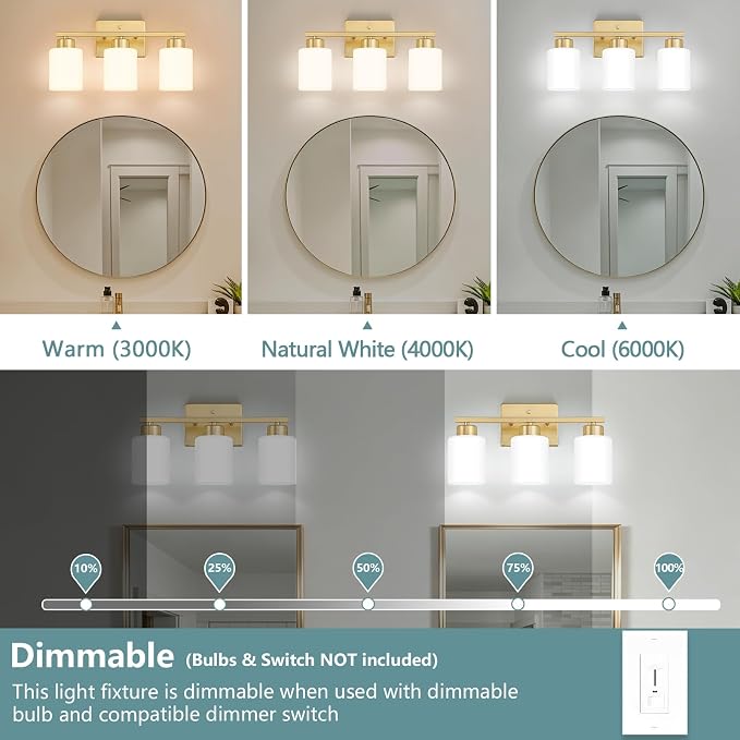 Gold Bathroom Light Fixtures Vanity Lighting Over Mirror | 3-Light Modern Wall Sconces with Milky White Frosted Glass Shades for Restroom (E26 Socket)