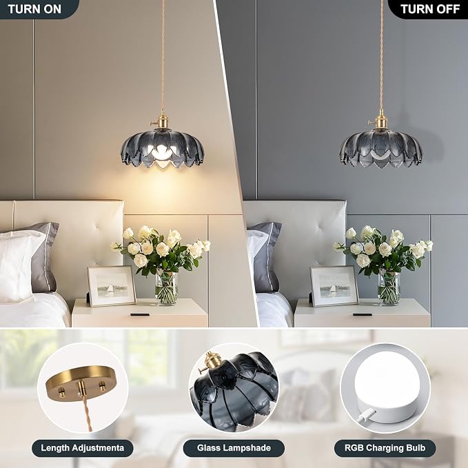 Battery Operated Pendant Light,Gray Blue Vintage Light Fixtures RGB Rechargeable Light Bulb 2500mAh 9.8in with Remote Control Wireless Adjustable Chandelier for Kitchen Island Hallway 1Light