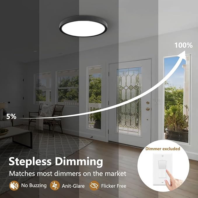 Dimmable 12Inch LED Flush Mount Ceiling Light, 24W, 2520LM, 2700K/3000K/4000K/5000K/6000K CCT Selectable,LED Round Flat Panel Light for Bedroom,Kitchen,Hallway