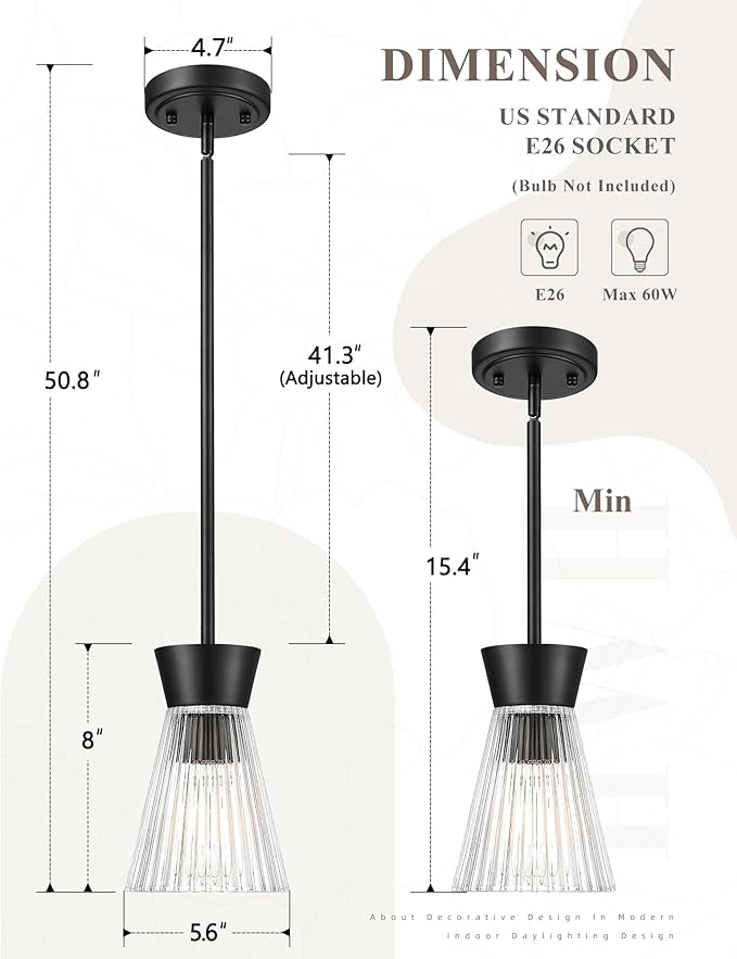 Pendant Lights Kitchen Island, HWH Hanging Light Fixture Set of 2, 5.6 Inch Pendant Light Fixtures Ceiling with Clear Striped Glass, Matte Black Finish, 5HZG107MIL-2PK BK