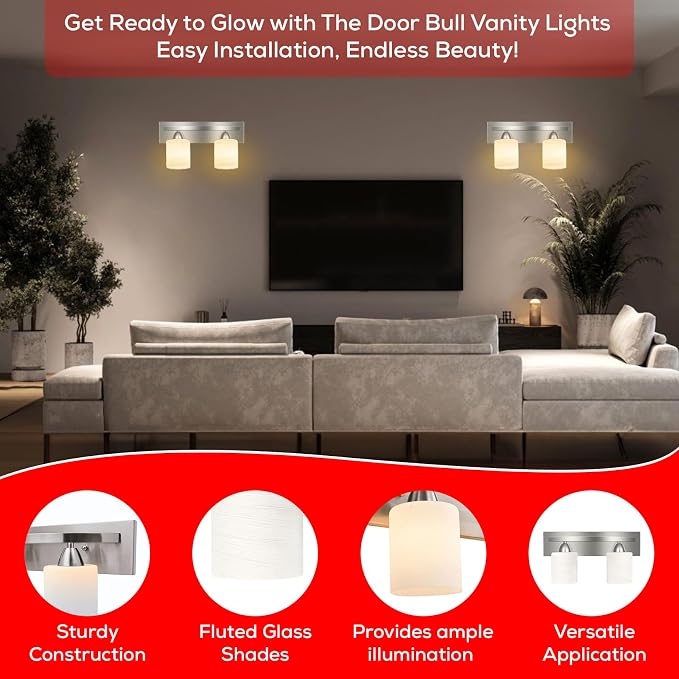 4-Light Bathroom Vanity Bar Light Fixture - Brushed Nickel | Modern Frosted glass shades with E26 socket. Matte Wall sconce lighting perfect over mirror, kitchen, hallway, or entryway