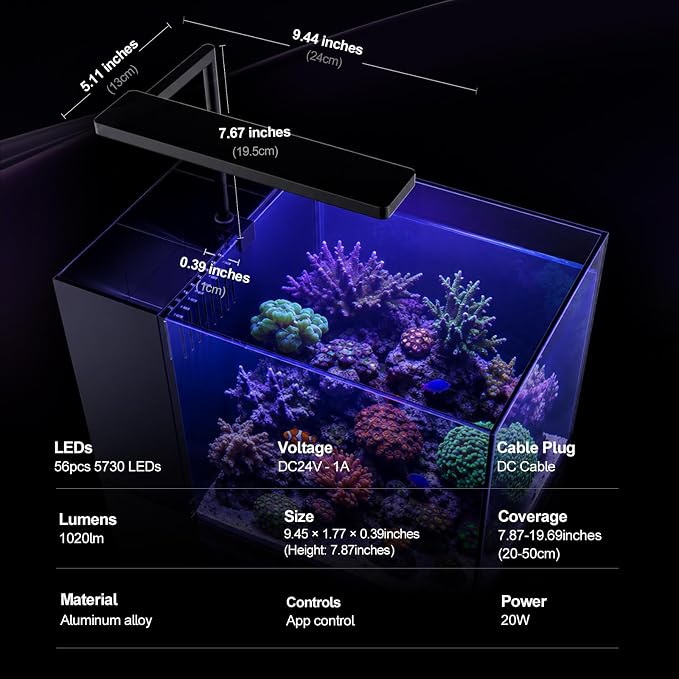 FZONE Solo Series Nano LED Aquarium Marine Reef Light, Smart App-Controlled and Dimmable, for Rimmless Saltwater and Reef Coral Tanks