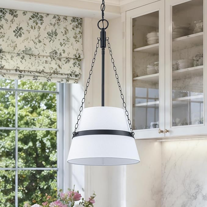11.4" Black Drum Pendant Light for Kitchen Island, White Linen Fabric Shade | Modern Transitional, Cone Shape, 3 Side Chains, 1-Light, Breakfast Nook, Reading Corner, Adjustable Height 11.42"W x 23.82"H