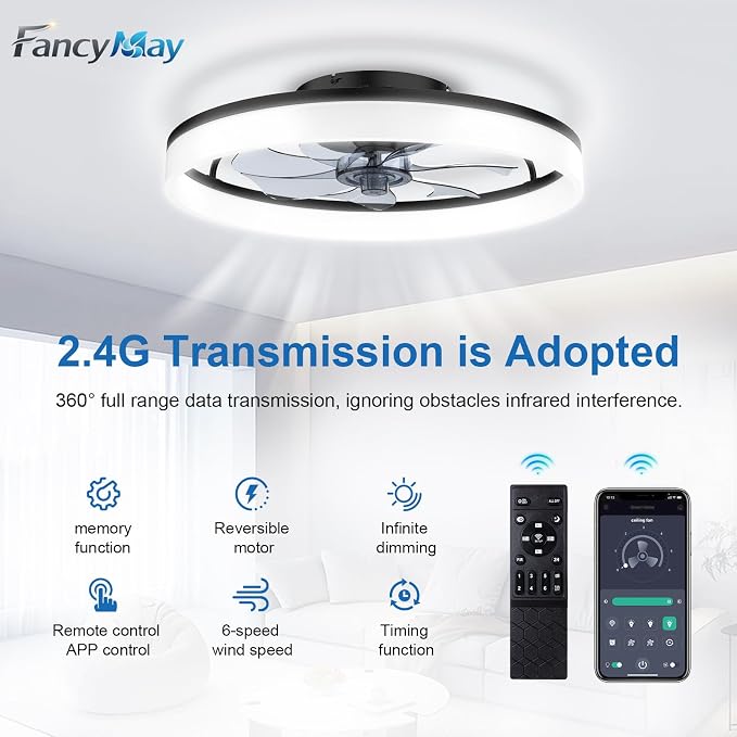 Ceiling Fans with Lights and Remote, 20" Modern Low Profile Ceiling Fan, 6-Speed Quiet Reversible Motor, Flush Mount LED Fan Light,Fandelier Ceiling Fans for Bedroom (Black)