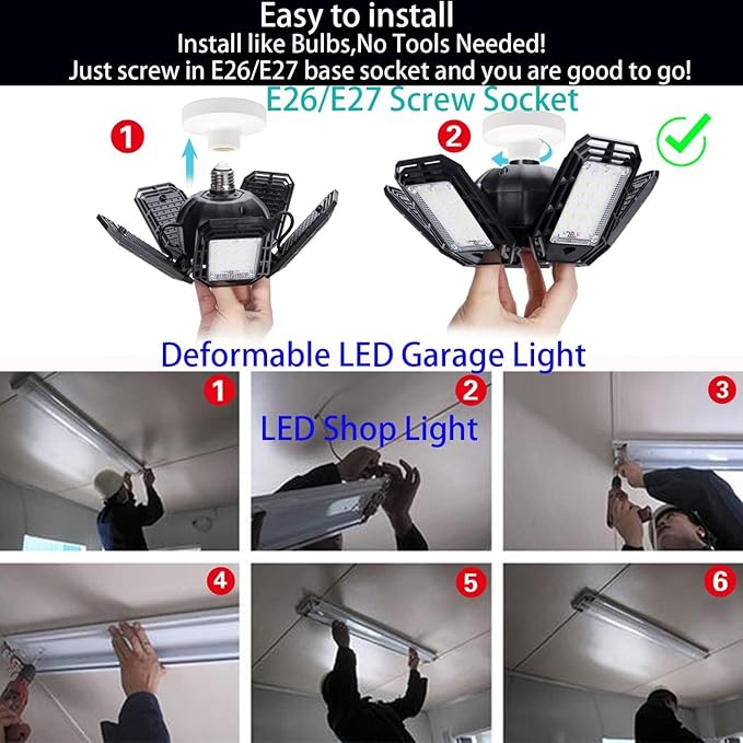 Garage Lights Led, Deformable Design with Adjustable Panels,150W 15000LM 6500K E26/E27 Screw Base, Super Bright Shop Lighting, 2 Pack