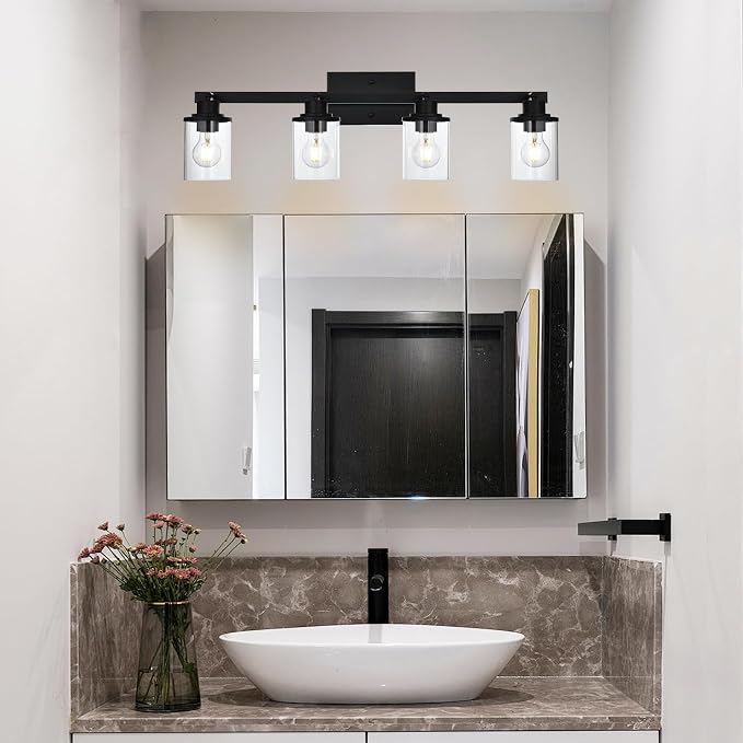 Yaohong 4-Light Black Farmhouse Track Lighting Fixtures Ceiling, Bathroom Track Lighting Kit Wall Light with Ajustable Heads, Kitchen Track Lighting Fixtures with Glass Shade for Hallway Shop